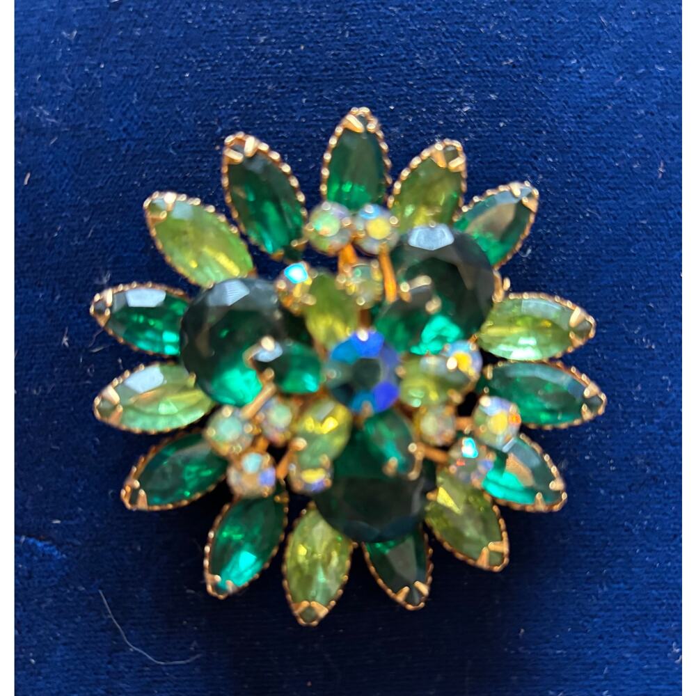 Vintage Juliana D&E ? Layered Stunning Multi Green AB Stones Burst Brooch 2.5"